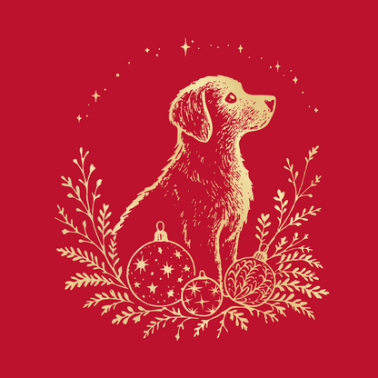 Illustration of a dog with Christmas ornaments and foliage on a red background