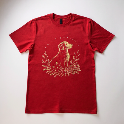 Red t-shirt with a gold dog and ornament design on a white background