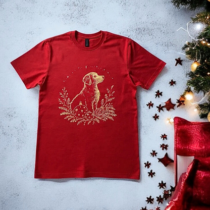 Red t-shirt with a dog and Christmas ball design on a textured surface with festive decorations.