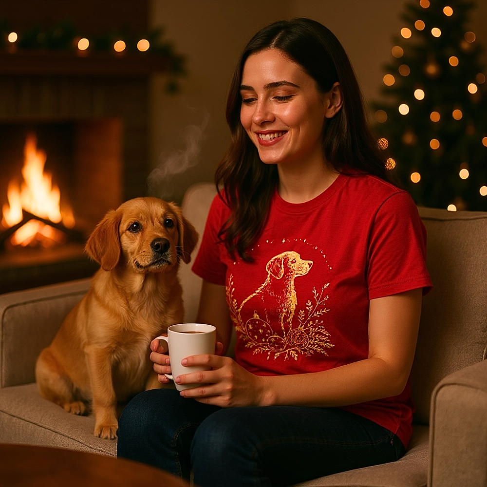 Woman in a red shirt with a dog sitting on a couch in front of a fireplace.