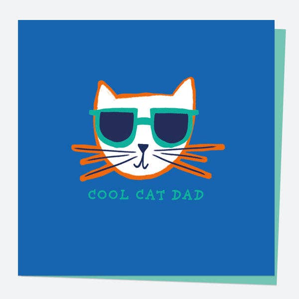 Card with a cat wearing sunglasses and 'Cool Cat Dad' text on a blue background
