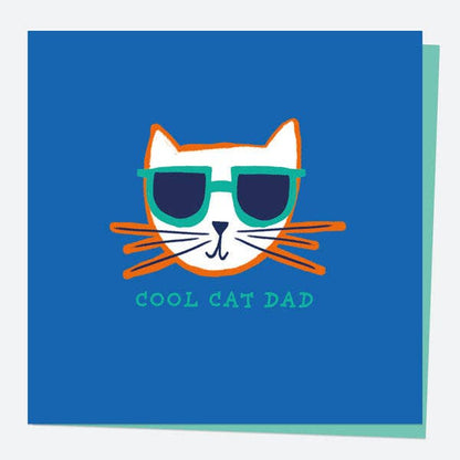 Card with a cat wearing sunglasses and 'Cool Cat Dad' text on a blue background