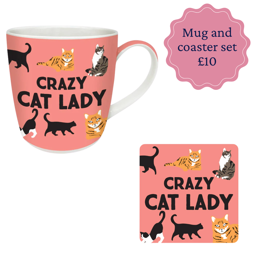 Mug and coaster set with 'Crazy Cat Lady' design on a pink background