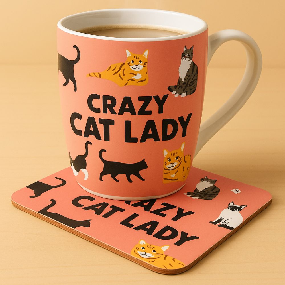 Ceramic mug with 'Crazy Cat Lady' design on a matching coaster, filled with a beverage.