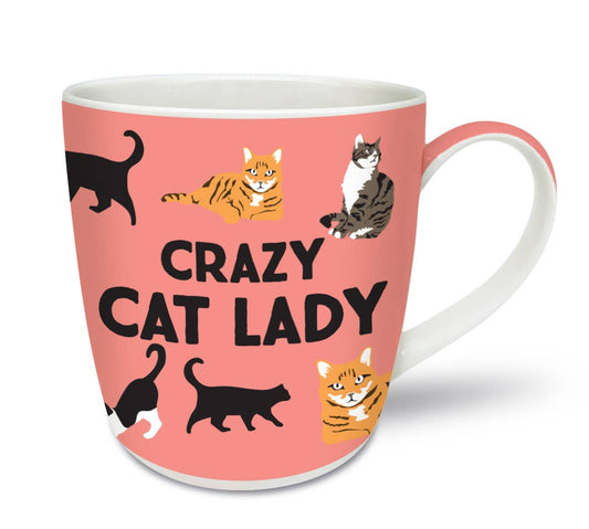 Pink mug with cat illustrations and 'Crazy Cat Lady' text on a white background