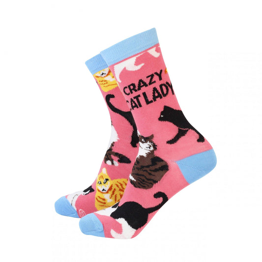 A pair of bamboo socks with a playful design featuring multiple cats and the text 'Crazy Cat Lady' on a pink background.