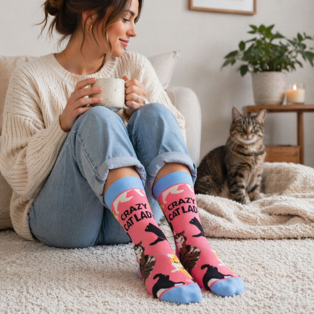 Woman wearing pink 'Crazy Cat Lady' socks sitting on a couch with a cat and holding a mug.