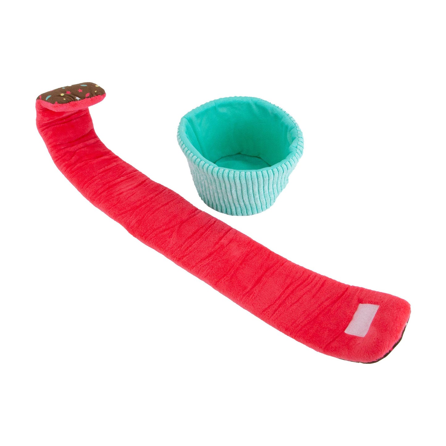 Red dog toy with a teal cushion on a white background