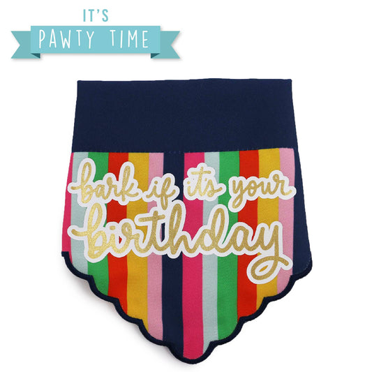 Dog bandana with colourful stripes and text on a white background