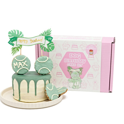 Dog birthday cake with decorative elements and packaging on a white background