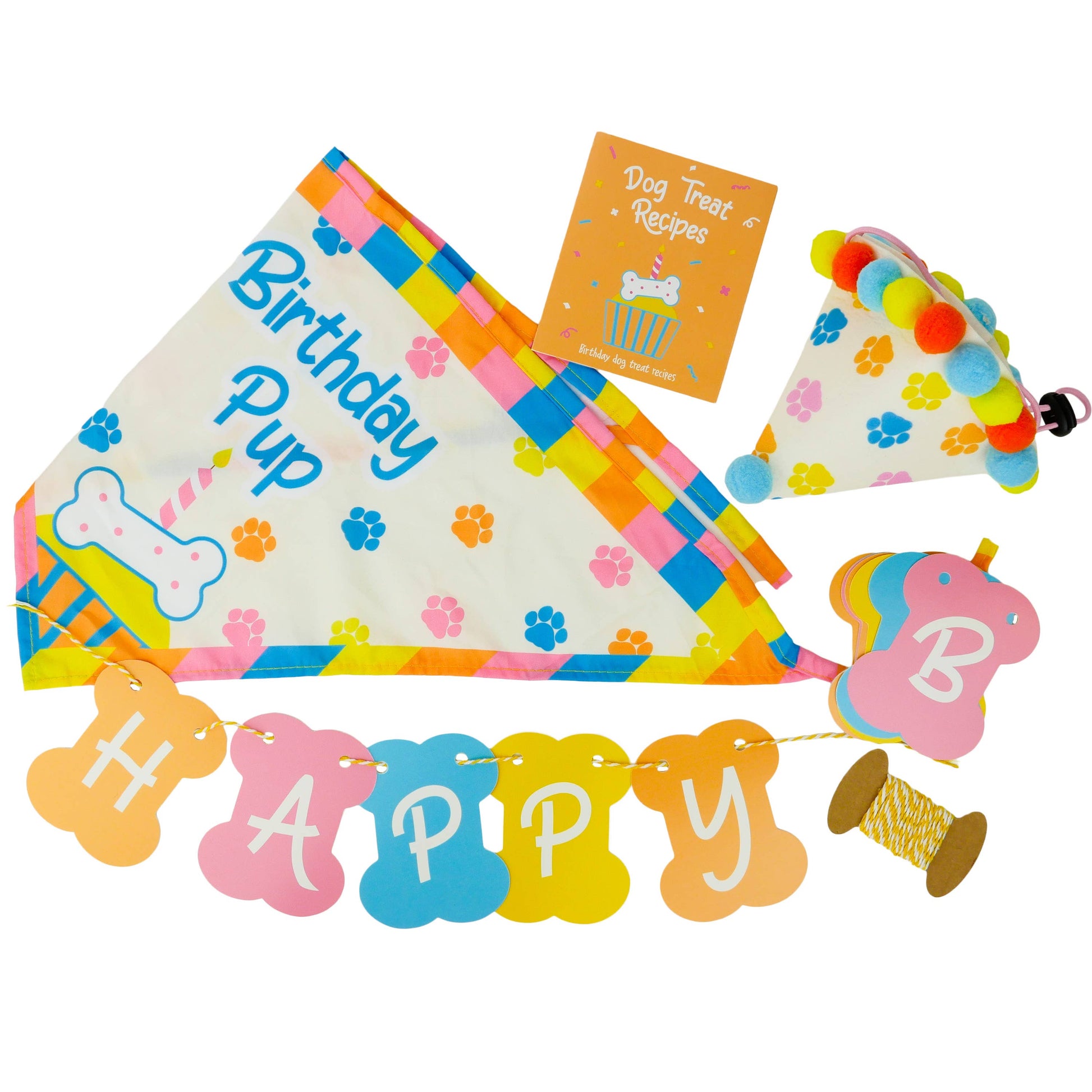 Birthday dog set including hat, bunting, string, recipes and bandana. 