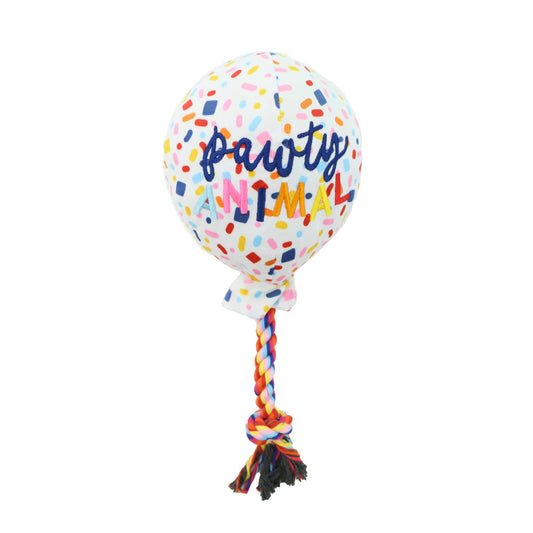Balloon-shaped dog toy with colourful confetti and 'Pawty Animal' text on a white background