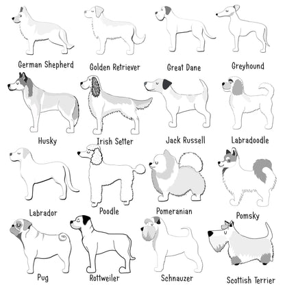 Illustrations of various dog breeds with labels below each illustration.