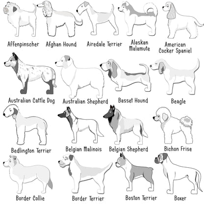 Illustrations of various dog breeds with labels below each illustration.