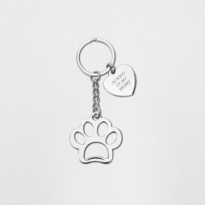 stainless steel keyring with paw print and heart, engraving 'always in my heart'