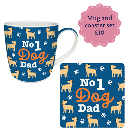 mug and coaster with images of dogs saying no1 dog dad. 