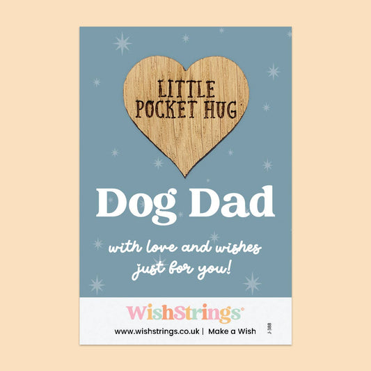 Card with wooden heart-shaped tag and text 'Little Pocket Hug Dog Dad' on a blue background, branded 'WishStrings'.