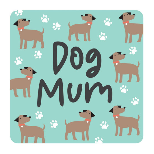 A square coaster with a light blue background featuring illustrations of dogs and the text 'Dog Mum' in the center.