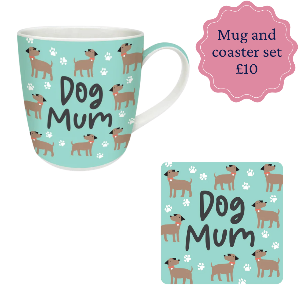 Mug and coaster set with 'Dog Mum' design on a light blue background