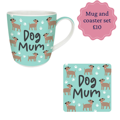 Mug and coaster set with 'Dog Mum' design on a light blue background