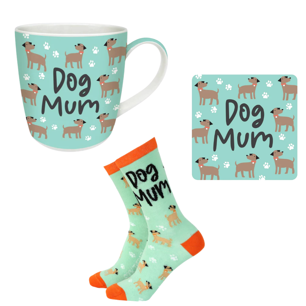 Mug, socks, and coaster set with 'Dog Mum' text and dog illustrations on a white background