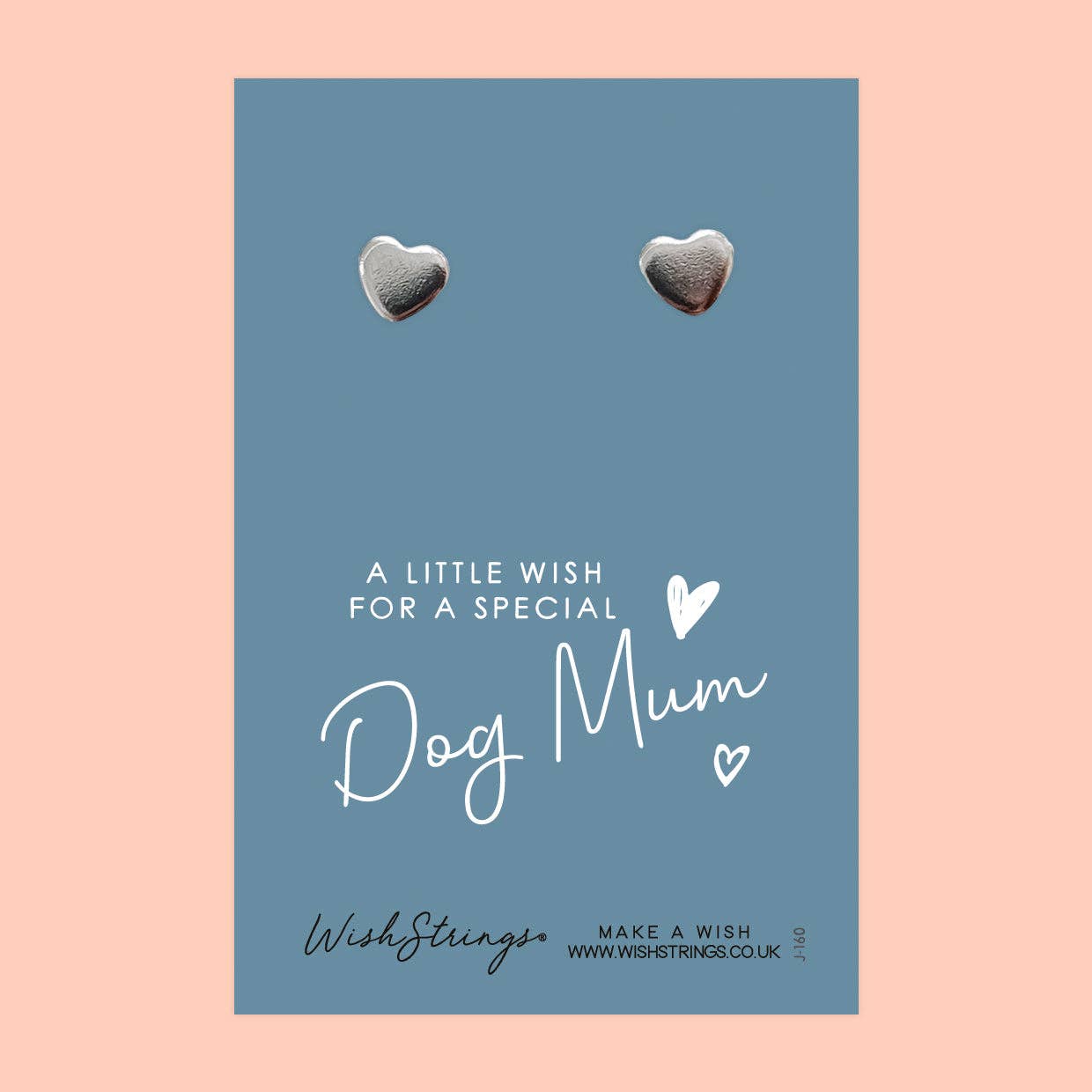Heart-shaped earrings on a blue card with 'Dog Mum' text on a pink background