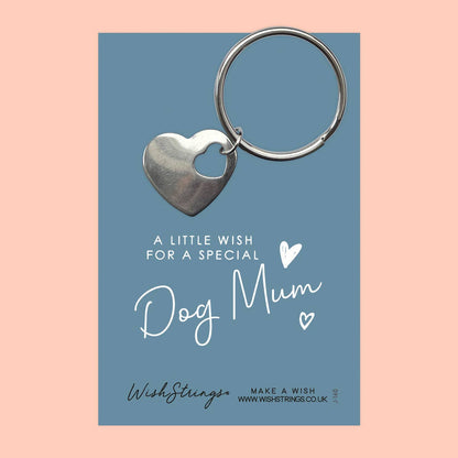 Heart-shaped keychain on a blue card with 'Dog Mum' text and WishStrings branding.