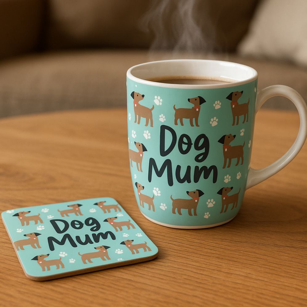 Mug and coaster with 'Dog Mum' text and dog illustrations on a wooden surface.
