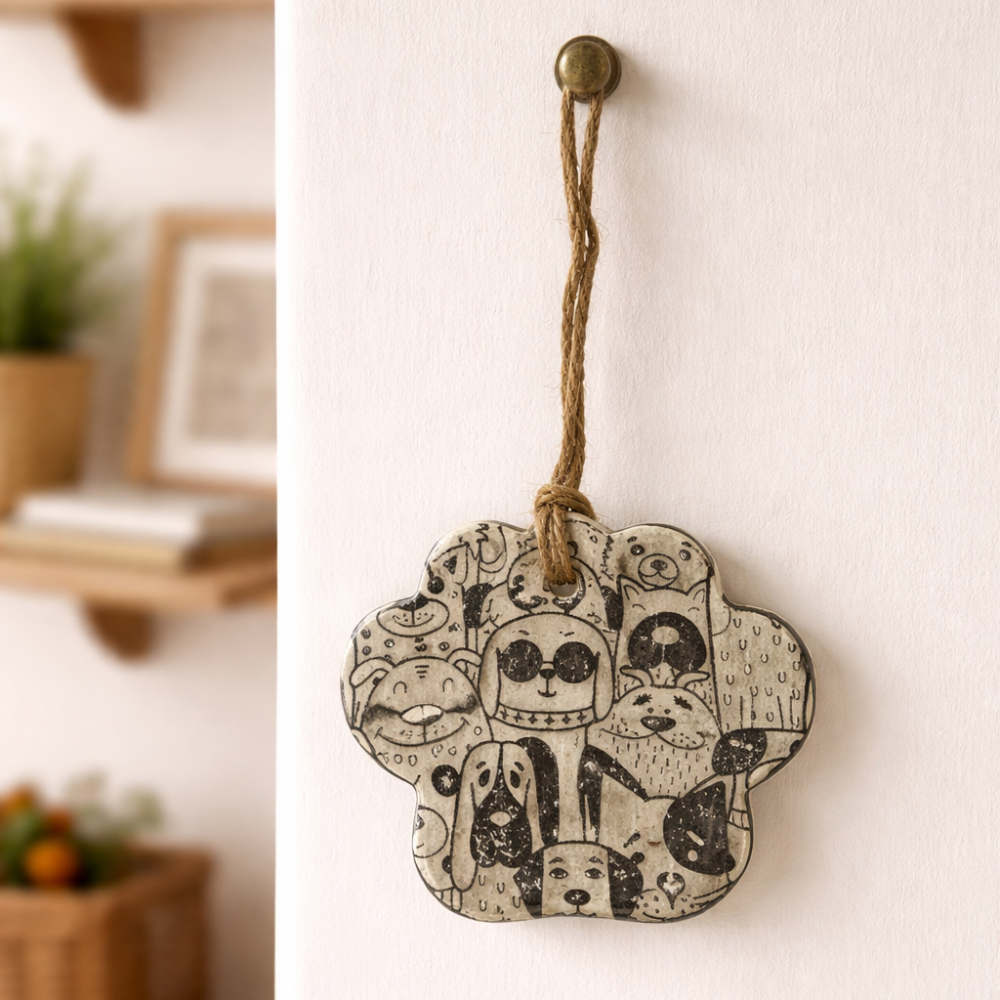 Decorative wall hanging with dog illustrations on a white wall.