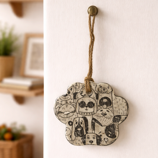 Decorative wall hanging with dog illustrations on a white wall.
