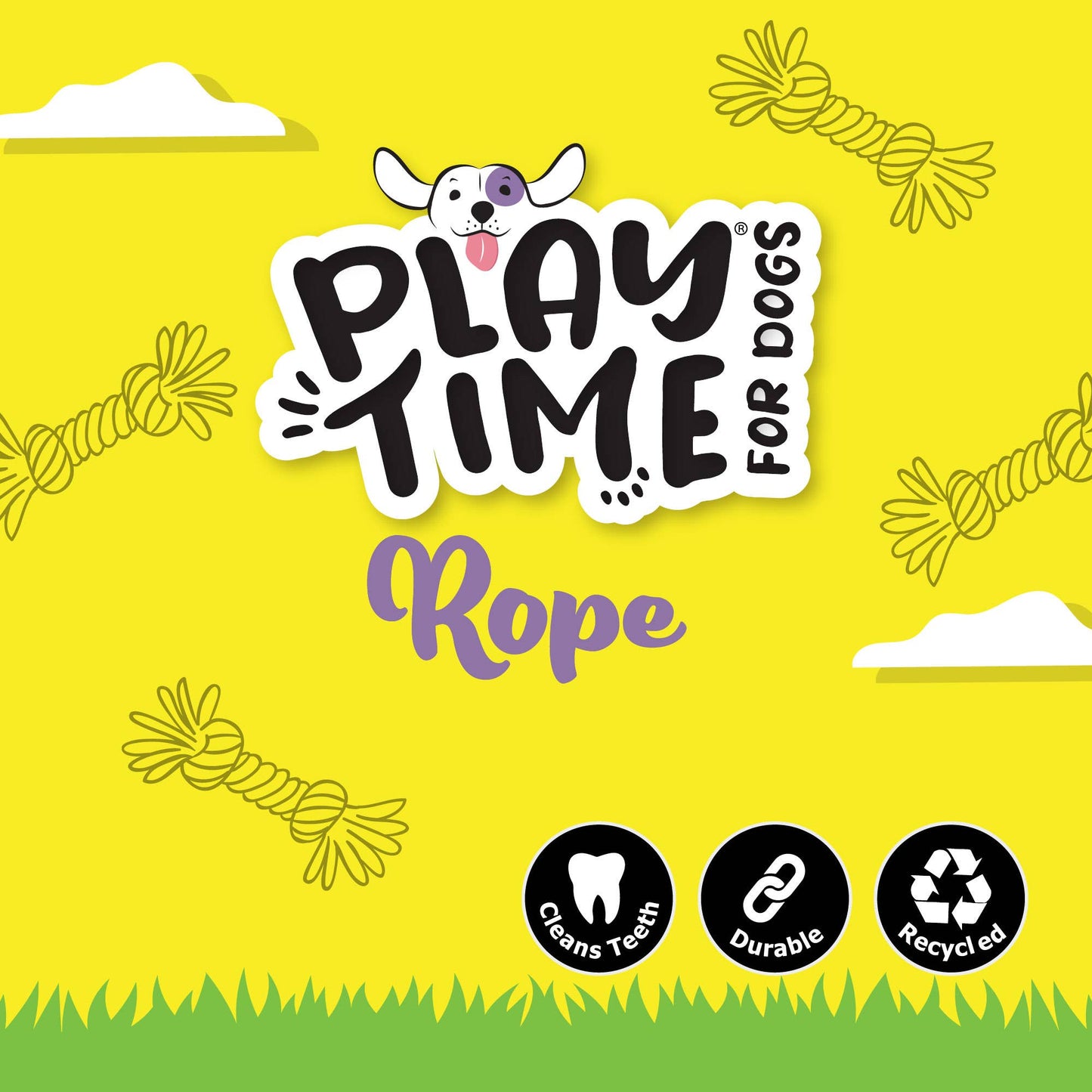 Play Time for Dogs rope product packaging with a yellow background and dog-themed graphics.