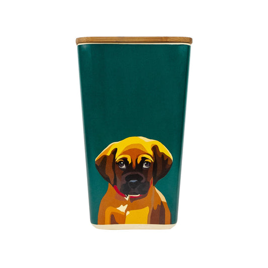 Green storage pot with a dog illustration on a white background
