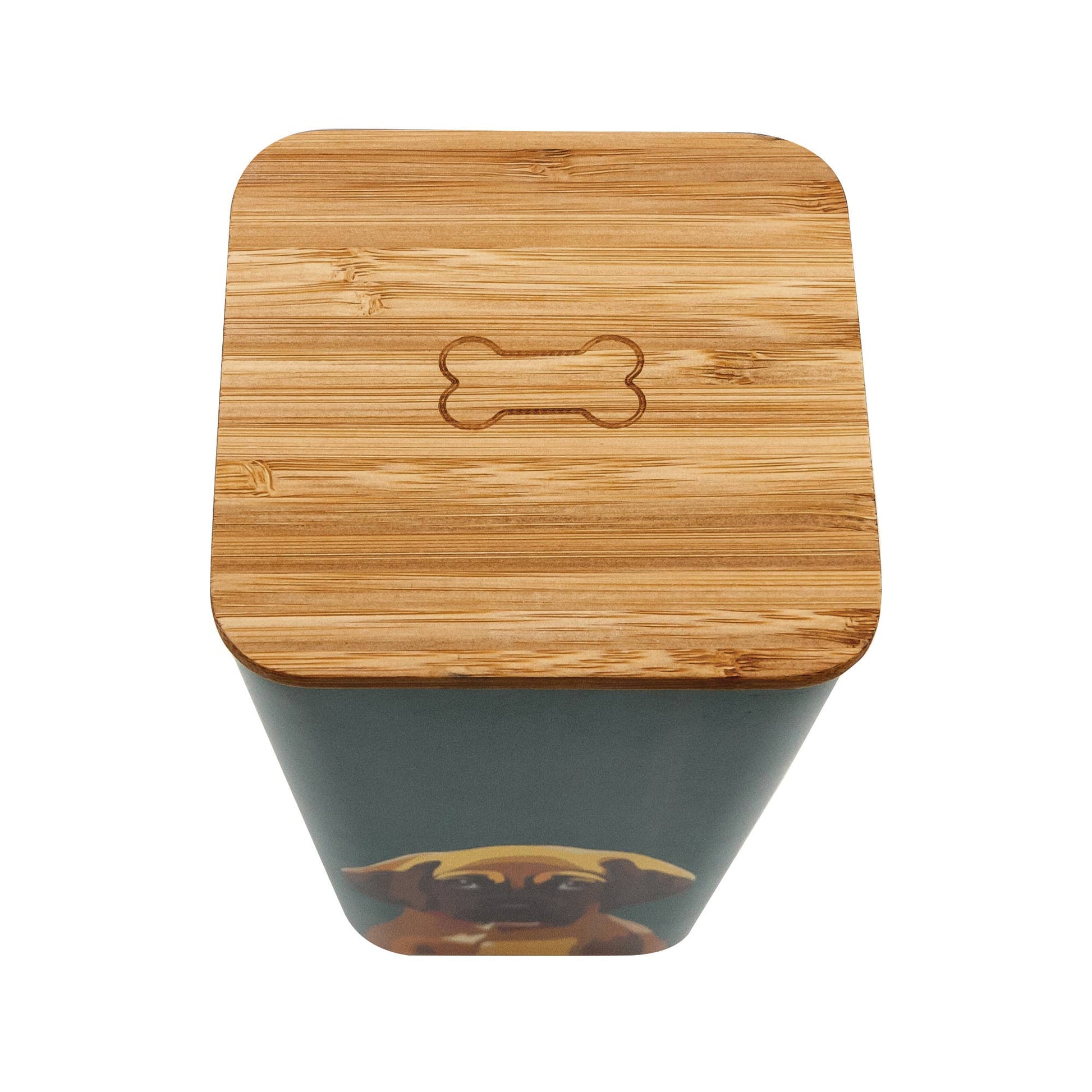 Bamboo lid on a container with a dog design, featuring a bone engraving.