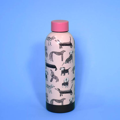 Water bottle with dog pattern on a blue background