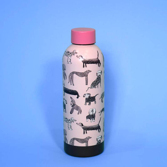 Water bottle with dog pattern on a blue background