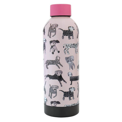 Water bottle with dog pattern and pink cap on a white background