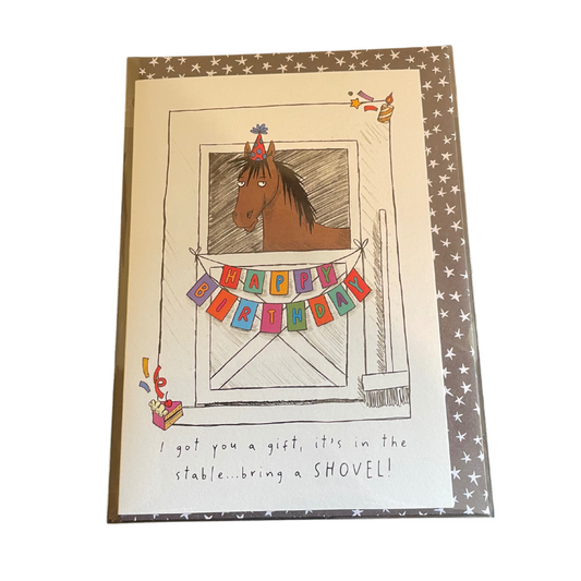 Birthday card with horse illustration and birthday banner, on a white background