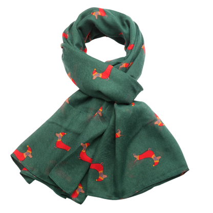 sausage dog design scarf in Christmas outfits 