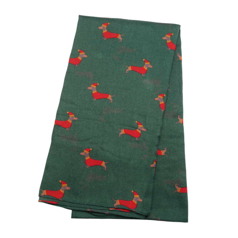 Green scarf with sausage dogs dressed in Christmas outfits.