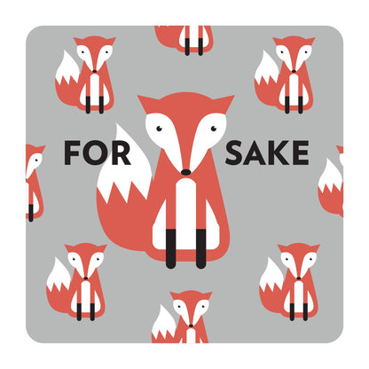 Patterned coaster with red foxes and text 'FOR SAKE' on a gray background