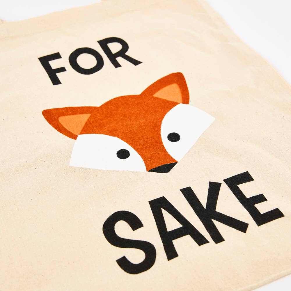 cream cotton tote bag with a fox illustration and the phrase 'for sake' printed in black.