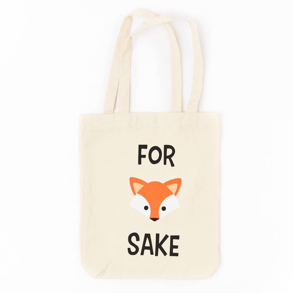 Black cotton tote bag with a fox illustration and the phrase 'for sake' printed in white.