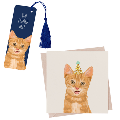 Cat-themed bookmark and greeting card on a white background