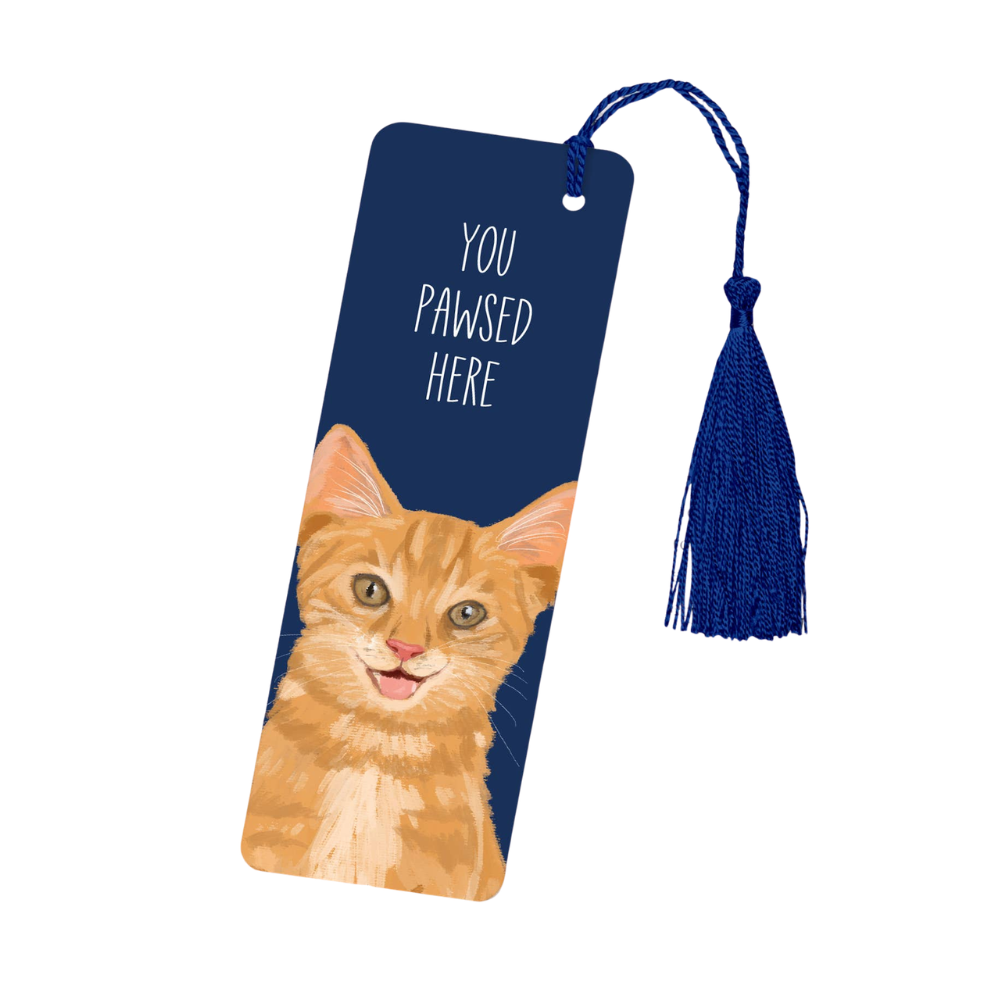 Bookmark with a cat illustration and text 'You pawsed here' on a blue background