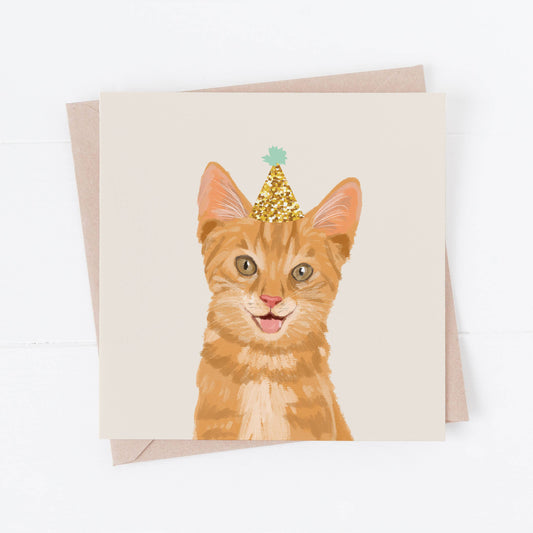 Greeting card with a cat wearing a party hat on a white background