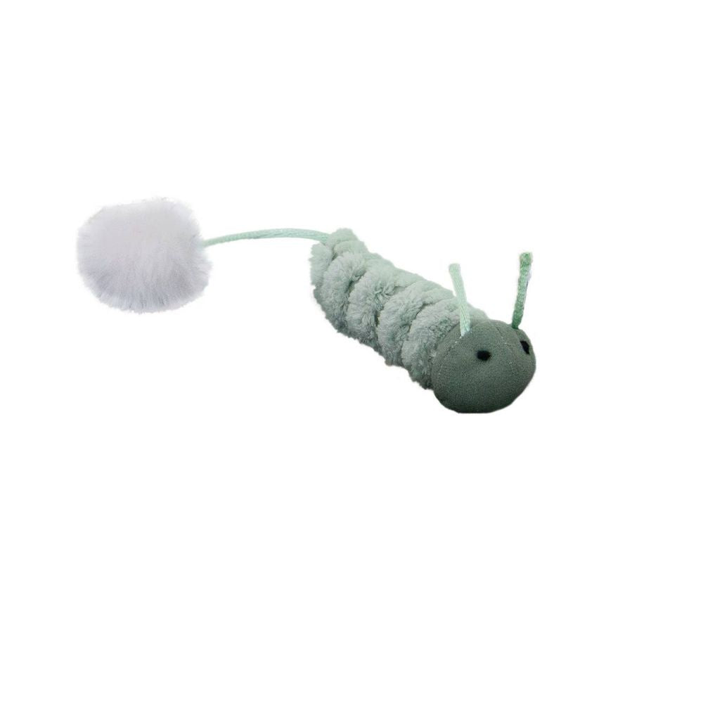 Plush caterpillar toy with a white pom-pom on a white background