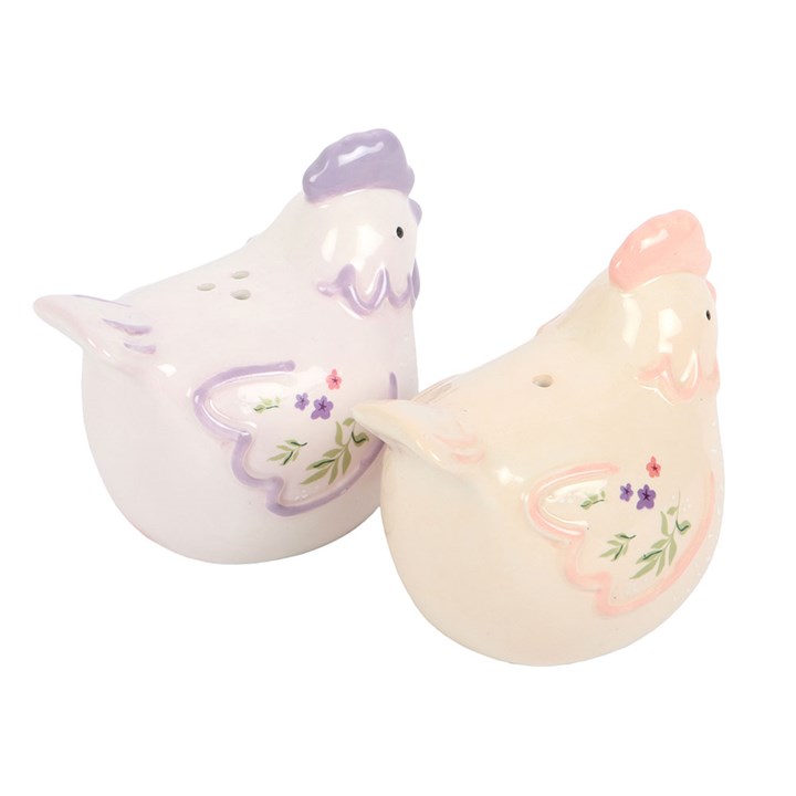 Two ceramic chicken-shaped salt and pepper shakers on a white background