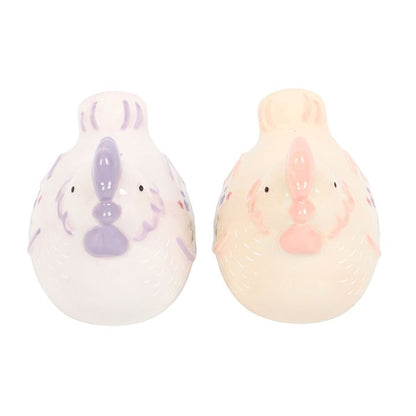 Two ceramic hens with pastel designs on a white background