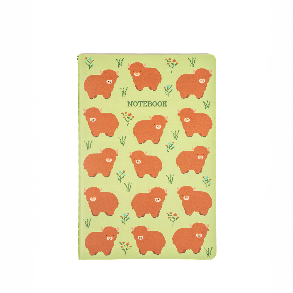 A5 notebook with highland cow design on the front.