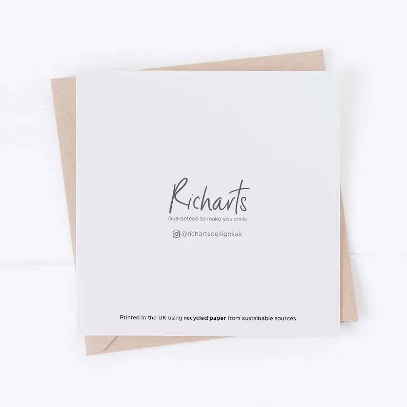 White card with 'Richarts' branding and recycled paper information on a white background